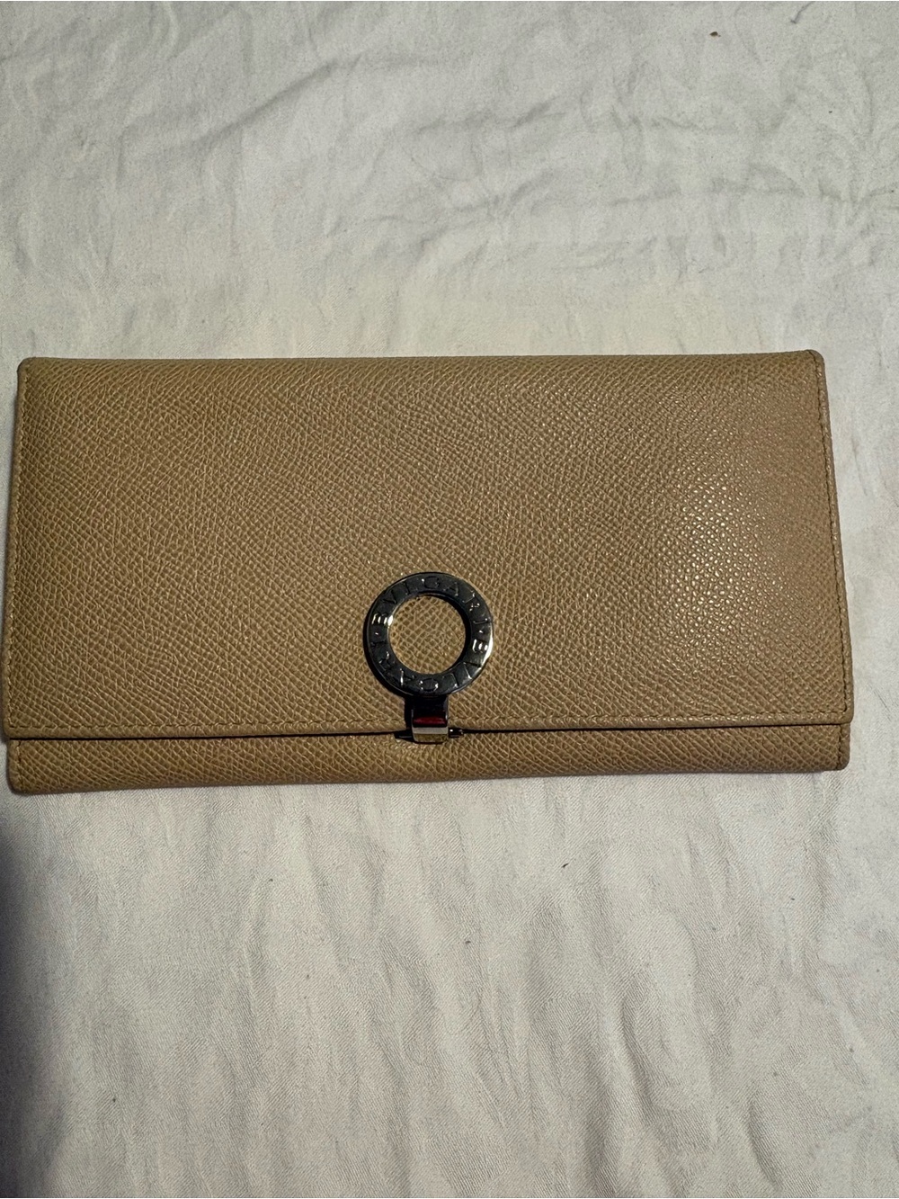 Bulgari Tan Pebbled Leather Continental Wallet with Signature Ring Clasp
